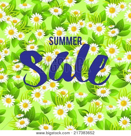 Summer or spring template for design banner, ticket, leaflet, card, poster and so on. Abstract foral seamless pattern. Sale floral lettering.