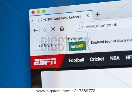 LONDON UK - NOVEMBER 2OTH 2017: The homepage of the official website for ESPN also known as the Entertainment and Sports Programming Network television channel on 20th November 2017.