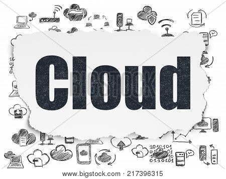 Cloud computing concept: Painted black text Cloud on Torn Paper background with  Hand Drawn Cloud Technology Icons