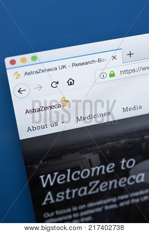 LONDON UK - NOVEMBER 25TH 2017: The homepage of the official website for AstraZeneca - the Anglo-Swedish multinational pharmaceutical and biopharmaceutical company on 25th November 2017.