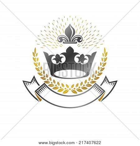 Royal Crown emblem. Heraldic Coat of Arms decorative logo isolated vector illustration. Antique logotype in old style on white background.