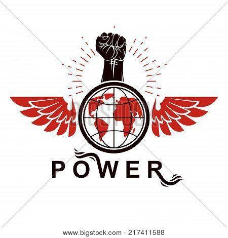Winged vector emblem composed with raised fist holding Earth planet symbol. Human development concept freedom for the personality.