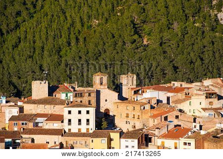 View Of The Old Spanish Town In The Forest, Pratdip, Tarragona, Spain.