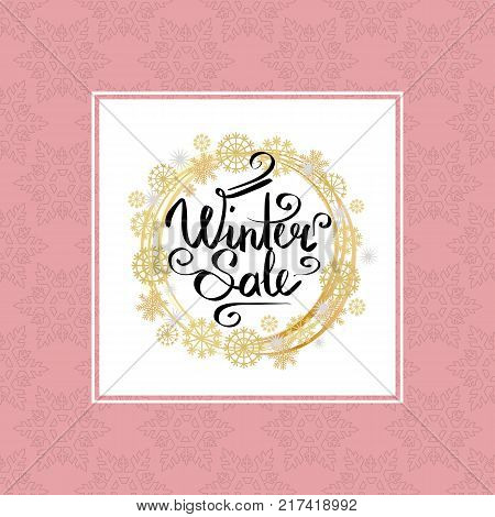 Winter sale poster in decorative frame made of silver and golden snowflakes, snowballs of gold in x-mas border isolated on pink background vector