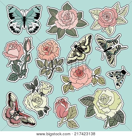 Set of roses and butterfly patches elements. Set of stickers, pins, patches and handwritten notes collection in cartoon 80s-90s comic style.Vector stikers kit