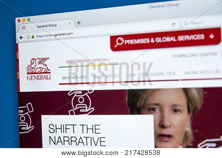 LONDON UK - OCTOBER 21ST 2017: The homepage of the official website for the Generali Group - the largest insurance company in Italy and third-largest in the world on 21st October 2017.