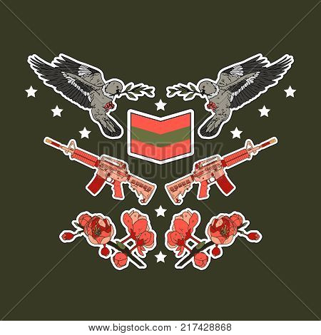 Military patch badges with rifles, eagle, flower and other elements. Set of stickers, pins, patches and handwritten notes collection in cartoon 80s-90s comic style.Vector stikers kit