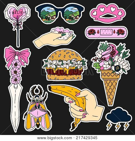 Summer patch badges with bug, flower, sword and other elements. Set of stickers, pins, patches and handwritten notes collection in cartoon 80s-90s comic style.Vector stikers kit
