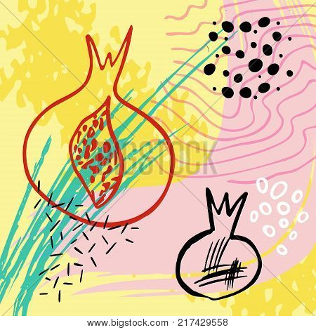Minimalistic background with paint brush strokes and abstract pomegranate silhouette. Hand drawn elements with red black and yellow colors.Vector design.