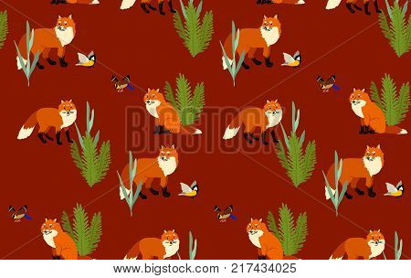 Seamless fox and wood pattern isolated on background. Vector illustration