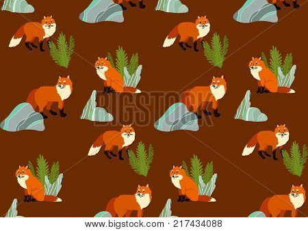 Seamless fox and wood pattern isolated on background. Vector illustration