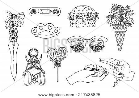 Summer patch badges with bug, flower, sword and other elements. Set of stickers, pins, patches and handwritten notes collection in cartoon 80s-90s comic style.Vector stikers kit