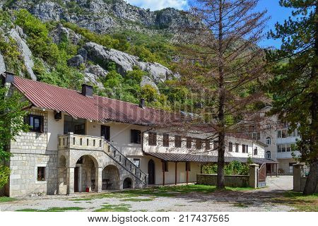Ostrog Lower monastery centered around Church of Holy Trinity built in 1824. Monastery of Ostrog is a monastery of Serbian Orthodox Church dedicated to Saint Basil of Ostrog. Montenegro Europe.