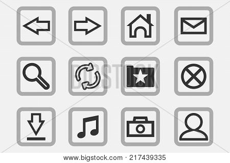 Gray vector outline icons with square frame. Contour elements.