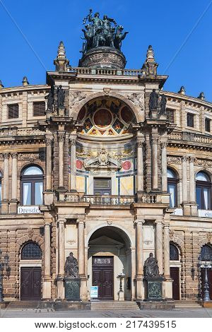 The Semperoper - the Opera House of the Saxon State Opera Dresden, Germany. Building , architect Gottfried Semper, 1841, is located near the Elbe River in the historic centre of Dresden.