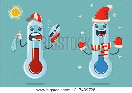 Thermometer with a cute face cartoon flat character. Vector icons of heat and cold temperature isolated on background.