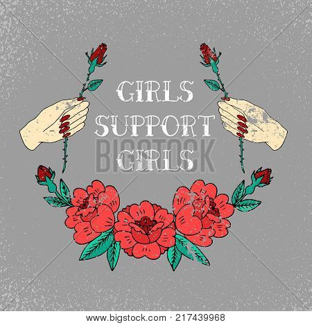 Girls support girls slogan. Roses. Rock and roll girl patch. Typography graphic print, fashion drawing for t-shirts .Vector stickers, print, patches vintage