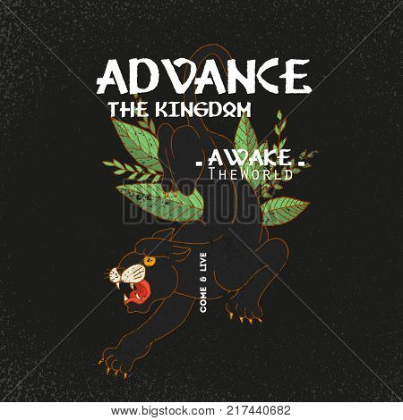 Advance the kingdom slogan. Panther with roses.Rock and roll girl patch. Typography graphic print, fashion drawing for t-shirts .Vector stickers, print, patches vintage