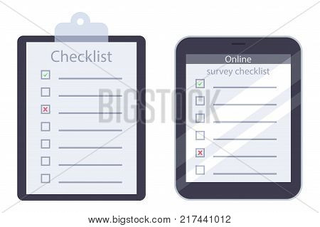 Clipboard and online survey checklist with green check mark vector flat icons isolated on white background.