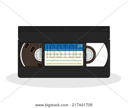 Retro video cassette with blue and white sticker isolated on a white background. Vintage style movie storage icon. Old record video recorder tape. Vector illustration.
