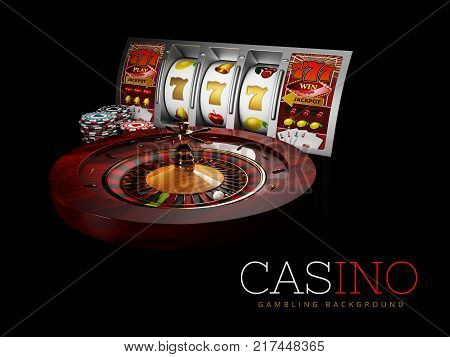 Casino Roulette Wheel with silver slot machine and casino chips. isolated black, 3D Rendering.