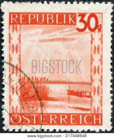 AUSTRIA - CIRCA 1947: A stamp printed in Austria shows Lake Neusiedl (Neusiedler See) circa 1947