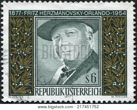 AUSTRIA - CIRCA 1977: A stamp printed in Austria is dedicated to the 100th anniversary of Fritz von Herzmanovsky-Orlando circa 1977