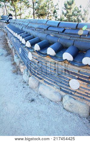 Naksansa temple with ancient wall in Korea