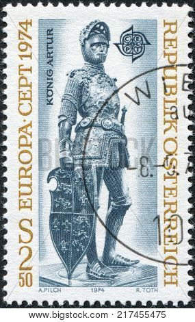 AUSTRIA - CIRCA 1974: A stamp printed in Austria shows a bronze figure of 