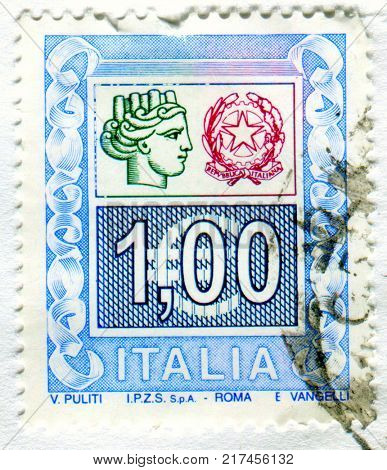 GOMEL, BELARUS, 4 DECEMBER 2017, Stamp printed in Italy shows image of the Republica Italiana, circa 2017. 