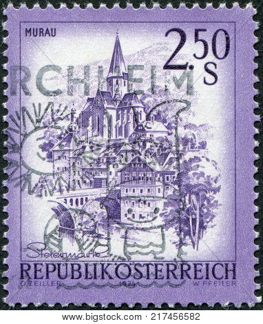 AUSTRIA - CIRCA 1974: A stamp printed in Austria shows the city of Murau Styria circa 1974