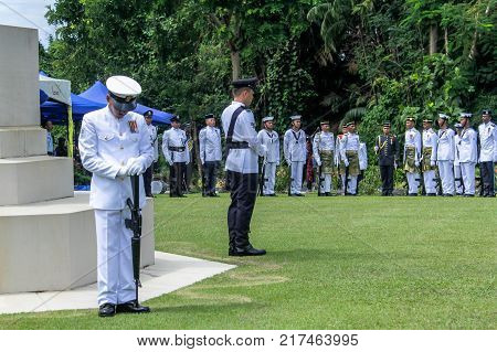 Labuan,Malaysia-Nov 12,2017:Malaysia Malay soldier with full traditional Malay army uniform & weapon during the Remembrance Day at World War II Memorial in Labuan,Malaysia.Labuan once known as The Pearl of The Orient is one of the World War II allied stro