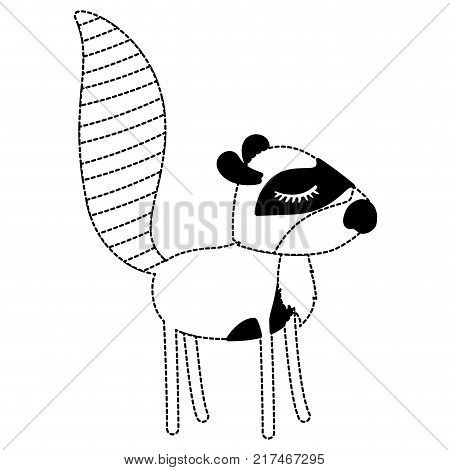 female raccoon cartoon with closed eyes expression in black dotted silhouette vector illustration