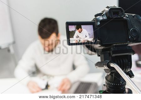 video tutorial creation filming backstage concept. passionate about work. Assembly of mechatronics.