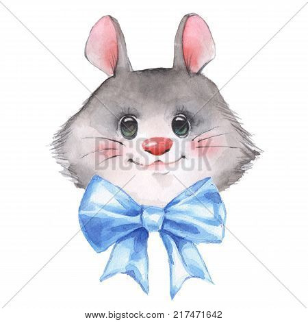 Cute watercolor mouse with blue bow, isolated on white