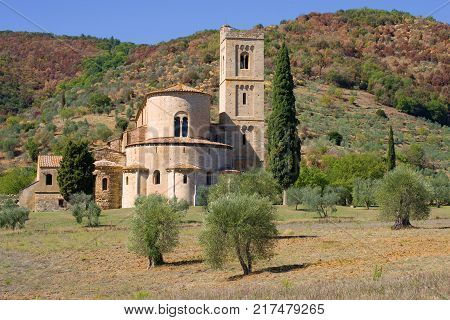 The old Abbey of San Antimo close up on a sunny September day. Italy