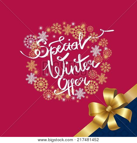 Special winter offer in decorative frame made of silver and golden snowflakes, snowballs of gold in x-mas border on pink background with bow in corner