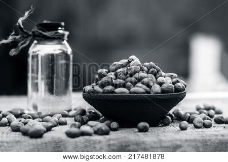 [arachis Hypogaea] Raw Groundnut In A Clay Bowl With Groundnut Oil On A Gunny Background.;