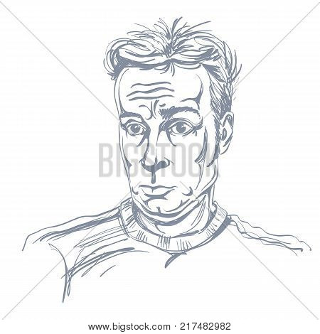 Monochrome vector hand-drawn image surprised young man. Black and white illustration of shocked guy.