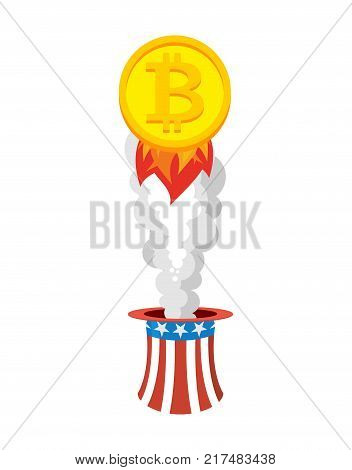 Bitcoin Rocket. Flies Out Of Hat Of Uncle Sam. Growth Of Price Of Crypto Currency. Witcher Illustrat
