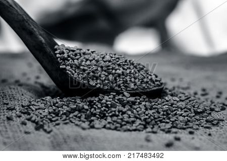 Fenugreek Seeds In A Wooden Scoop On A Gunny Background.