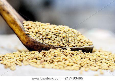 Fenugreek Seeds In A Wooden Scoop On A Gunny Background.