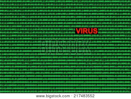 Green binary computer code on black background with the red word VIRUS.