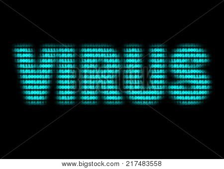 Blue binary computer code on black background form the word VIRUS.