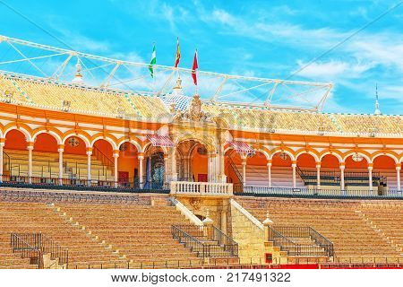Panorama  View Of Square Of Bulls Royal Maestranza Of Cavalry In Seville. Spain.