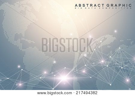 Network and data exchange over planet earth in space. Virtual Graphic Background Communication with World Globe. Perspective backdrop of depth. Digital data visualization. Vector illustration.