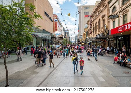 Adelaide Australia - November 14 2015: Crowds of people visiting Rundle Mall precinct to do shopping before Christmas on a day. Rundle Mall is a pedestrian street mall located in Adelaide South Australia