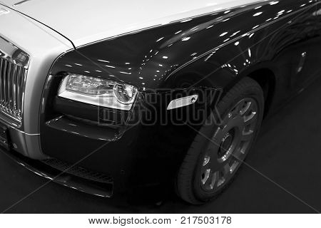 Sankt-Petersburg Russia July 21 2017: Front view of a Luxury car Rolls-Royce Phantom. Rolls-Royce Motor Cars Limited global manufacturer of luxury cars. Black and white. Photo Taken on Royal Auto Show July 21