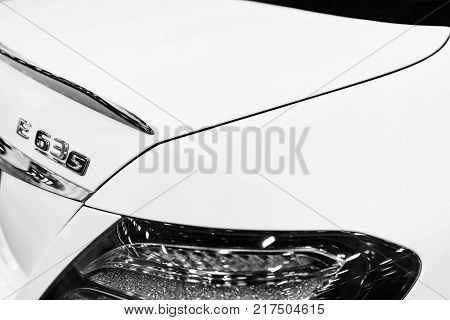 Sankt-Petersburg Russia July 21 2017: Back view of a Mercedes Benz E 63s AMG 2017. Rear light. Black and white. Car exterior details. Photo Taken at Royal Auto Show July 21