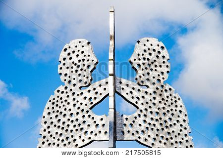 BERLIN - OCTOBER 22 2017: Molecul Man sculpture in Berlin Germany.Sculptures designed by American artist Jonathan Borofsky.